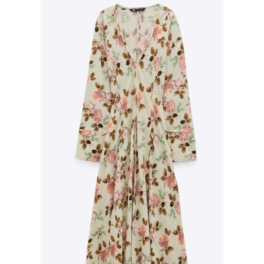 Zara Cream Floral Print Maxi Dress Women Size S Long Sleeve Romantic Flowy Boho